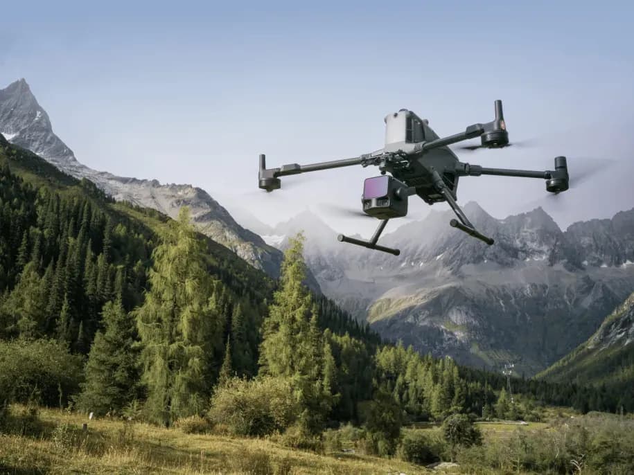 DJI Zenmuse L3 terpasang di drone Matrice 400 terbang di area pegunungan