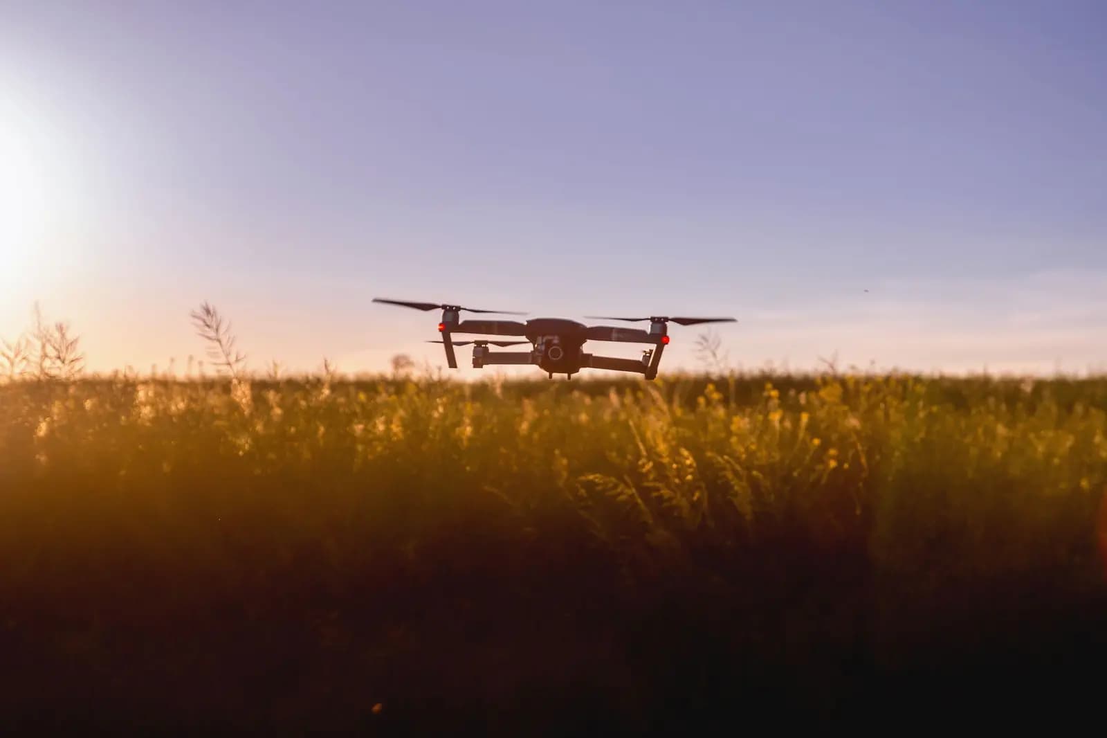 Drone enterprise dengan gimbal kamera thermal terbang rendah di atas lahan gambut kering