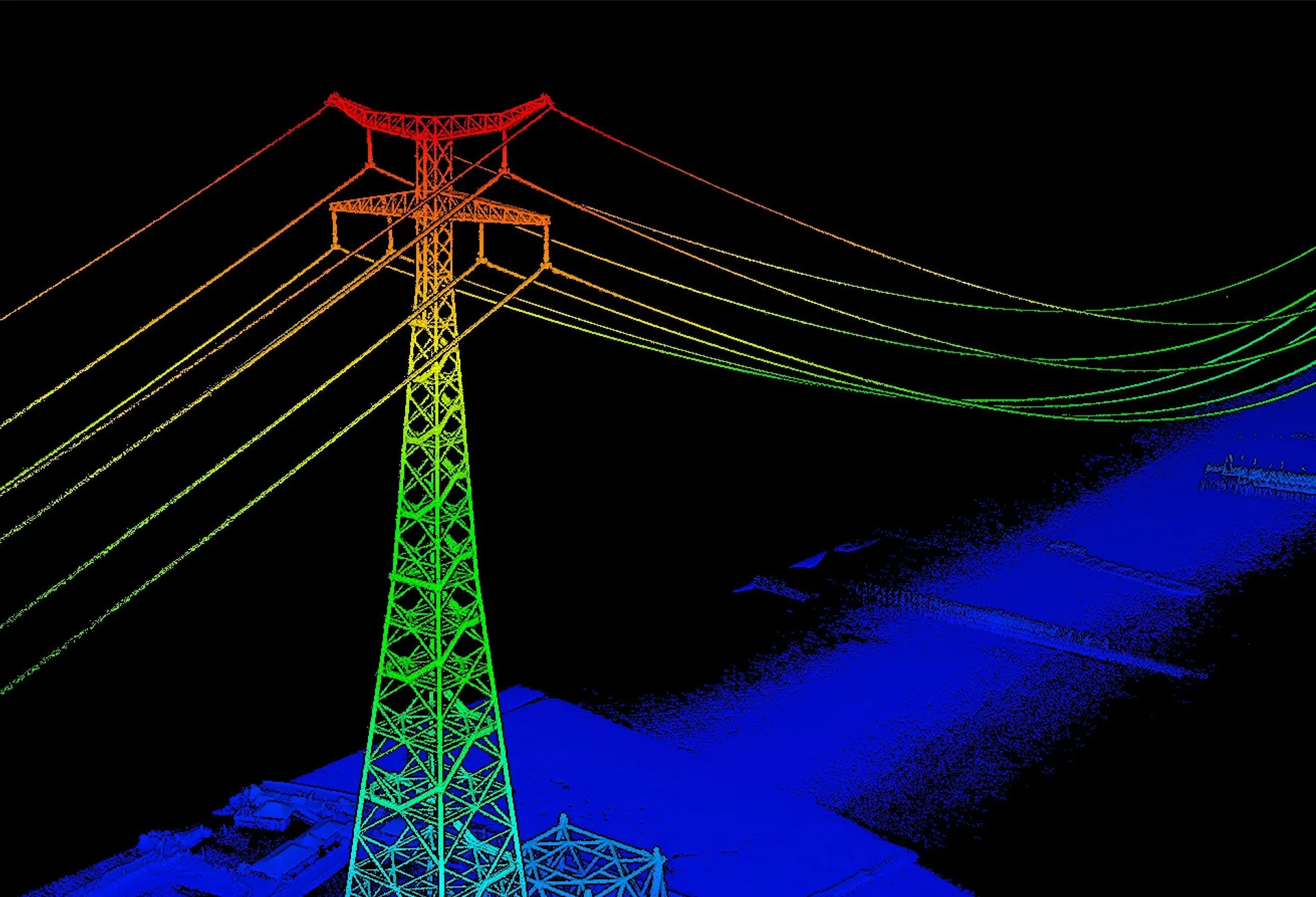 Point cloud LiDAR menara transmisi listrik dan kabel bertegangan tinggi hasil pemetaan drone
